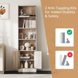 Costway 6-Tier Bookshelf 180cm Tall Bookcase w/4 Open Cubes & Double Doors Grey - thumbnail 6