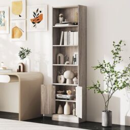Costway 6-Tier Bookshelf 180cm Tall Bookcase w/4 Open Cubes & Double Doors Grey - thumbnail 1