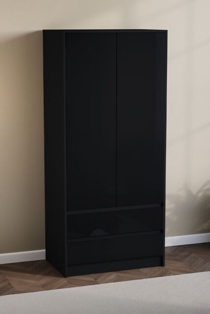 Home Discount Vida Designs Glinton High Gloss 2 Door 2 Drawer Wardrobe Storage Bedroom Furniture in Black - image 1