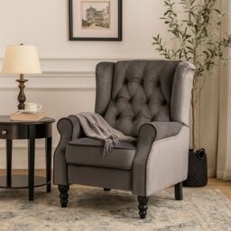LUXURY LIFE Althorpe Reclining Velvet Armchair Manual Push Back Recliner in Grey