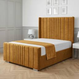 Living Comfort Bedz Cambridge Wingback Upholstered Bed Slatted Base with 48-Inch Headboard in Mustard - Size: Small Double - thumbnail 1