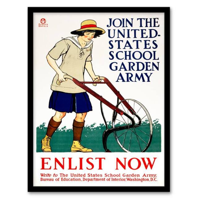 Artery8 Edward Penfield Framed Wall Art United States School Garden Army in White - Size: A4 - image 1