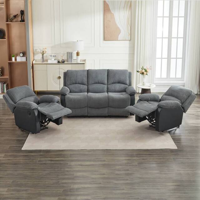 FURNITURE ONE Electric Reclining Sofa Set, Corduroy Fabric - 1+1+3 Sofa Set in Grey - Size: 1 Pack - image 1
