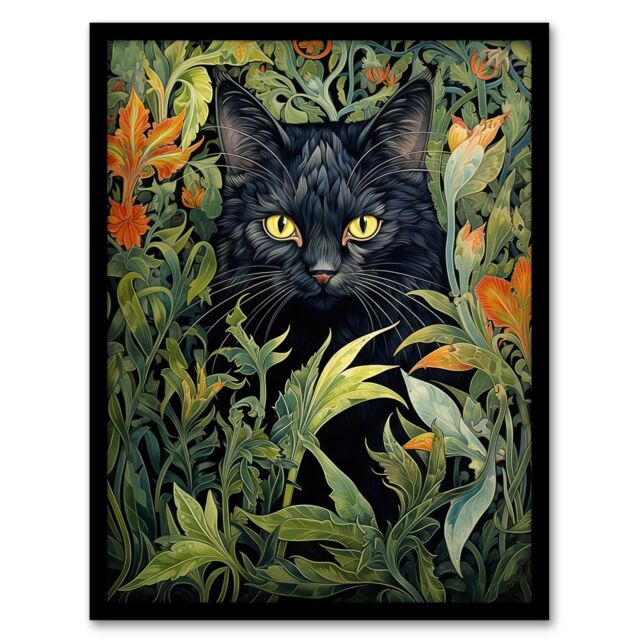 Artery8 Wall Art Print Black Cat Hiding In Flower Field Modern William Morris Style Painting Orange Green Spring Bloom Animal Portrait Art Framed - image 1