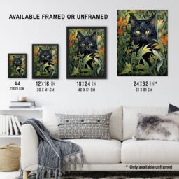 Artery8 Wall Art Print Black Cat Hiding In Flower Field Modern William Morris Style Painting Orange Green Spring Bloom Animal Portrait Art Framed - thumbnail 3
