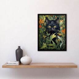Artery8 Wall Art Print Black Cat Hiding In Flower Field Modern William Morris Style Painting Orange Green Spring Bloom Animal Portrait Art Framed - thumbnail 4