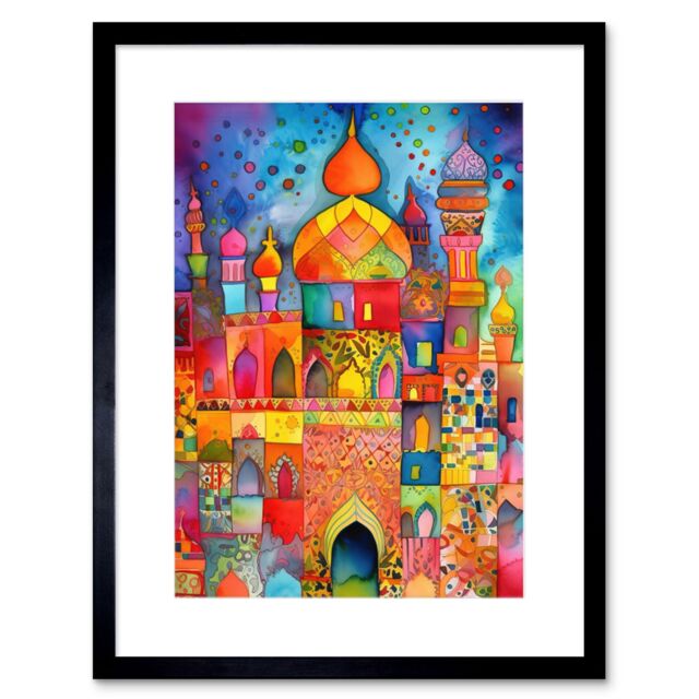 "Artery8 Wall Art Print Eid Dates Mosque Temple Folk Art Watercolour Painting Artwork Framed 9X7 Inch in Black - Size: W7"" x H9""" - image 1