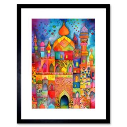 "Artery8 Wall Art Print Eid Dates Mosque Temple Folk Art Watercolour Painting Artwork Framed 9X7 Inch in Black - Size: W7"" x H9""" - thumbnail 1
