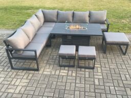 Fimous Aluminium Lounge Corner Sofa Outdoor Garden Furniture Sets Gas Fire Pit Dining Table Set with 3 Footstools Dark Grey - thumbnail 2