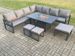 Fimous Aluminium Lounge Corner Sofa Outdoor Garden Furniture Sets Gas Fire Pit Dining Table Set with 3 Footstools Dark Grey - thumbnail 1
