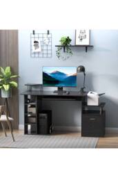 ERGOVEXA Computer Desk with Drawer Shelves CPU Storage, Black with wood grain - thumbnail 6