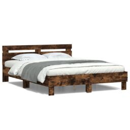 Berkfield Home Bed Frame with LED without Mattress Smoked Oak 150x200 cm King Size in Brown - thumbnail 1