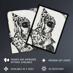 Artery8 Masked Woman with Cape Samuel J De Mesquita Framed Wall Art Print in White - Size: A4 - thumbnail 2
