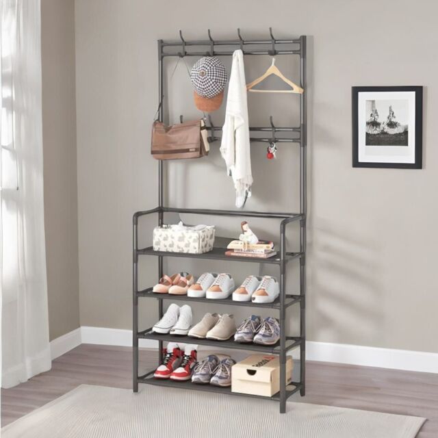 Rafaelo Mobilia Industrial Metal Hall Tree Shoe Rack with Clothes Hangers in Black - image 1