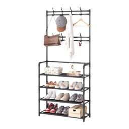 Rafaelo Mobilia Industrial Metal Hall Tree Shoe Rack with Clothes Hangers in Black - thumbnail 5