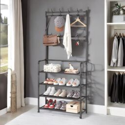 Rafaelo Mobilia Industrial Metal Hall Tree Shoe Rack with Clothes Hangers in Black - thumbnail 3