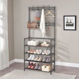 Rafaelo Mobilia Industrial Metal Hall Tree Shoe Rack with Clothes Hangers in Black