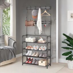 Rafaelo Mobilia Industrial Metal Hall Tree Shoe Rack with Clothes Hangers in Black - thumbnail 4