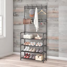 Rafaelo Mobilia Industrial Metal Hall Tree Shoe Rack with Clothes Hangers in Black - thumbnail 2