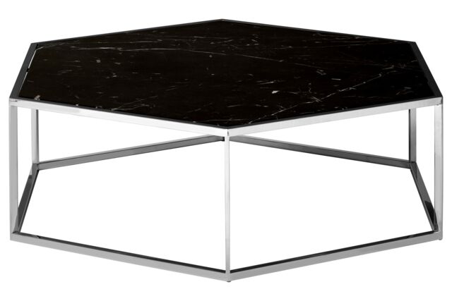 Orsina Silver Frame Hexagon Coffee Table, Modern Black Marble Top Coffee Table, Silver Finish Hexagonal Kitchen Table - image 1