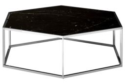 Orsina Silver Frame Hexagon Coffee Table, Modern Black Marble Top Coffee Table, Silver Finish Hexagonal Kitchen Table