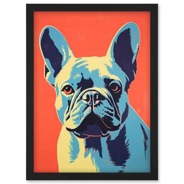 Artery8 Wall Art Print French Bulldog Colour Block Artwork Coral Orange Blue Vibrant Pet Portrait Cute Artwork Framed A4 in Black - image 1