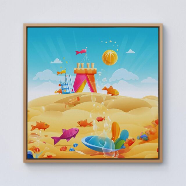 Warren Reed - Designer Fishes On A Beach Holiday Framed Canvas in Light Brown - Size: w40 inch x h40 inch - image 1
