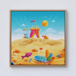 Warren Reed - Designer Fishes On A Beach Holiday Framed Canvas in Light Brown - Size: w40 inch x h40 inch - thumbnail 1