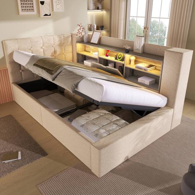 Merax 3FT Upholstered Storage Daybed Single Bed with LED & USB in Beige - image 1