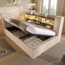Merax 3FT Upholstered Storage Daybed Single Bed with LED & USB in Beige - thumbnail 1