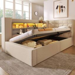 Merax 3FT Upholstered Storage Daybed Single Bed with LED & USB in Beige - thumbnail 9