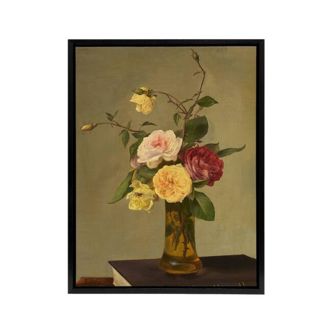"Artery8 Still Life Bouquet Roses in a Vase Latour Black Framed Canvas Wall Art - Size: W12"" x H16""" - image 1