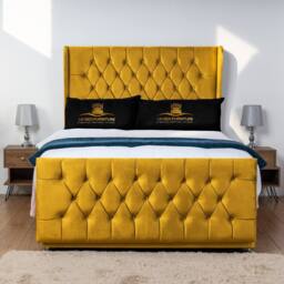 UK Bed Furniture Balamore Wingback Divan Bed Base with 54 Inch Headboard - No Storage in Mustard - Size: Double