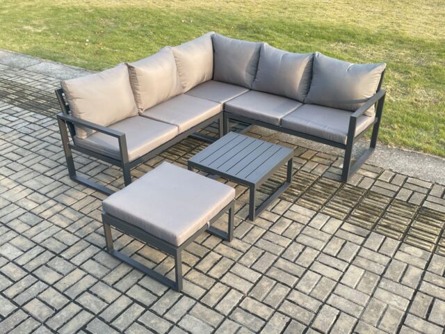 Fimous Outdoor Garden Furniture Set Aluminium Lounge Sofa Square Coffee Table Sets with Big Footstool Set Dark Grey
