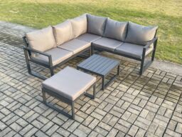 Fimous Outdoor Garden Furniture Set Aluminium Lounge Sofa Square Coffee Table Sets with Big Footstool Set Dark Grey - thumbnail 1
