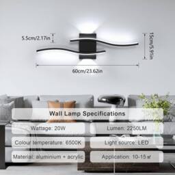 Goeco Indoor LED Wall Light, 20W Modern Black Wall Lamp, for Bedroom Hallway - thumbnail 3