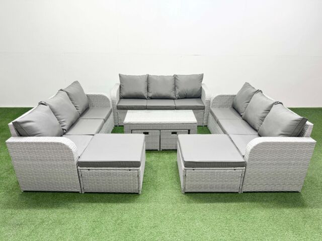 Fimous PE Rattan 3 Seater Sofa Set with Oblong Coffee Table 4 Footstools in Light Grey - image 1
