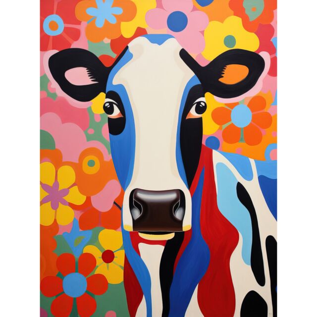 Artery8 Wall Art Print Colourful Cow Bright Bold Floral Portrait Acrylic Painting Vibrant Folk Art Flower Artwork Friesian Kids Bedroom Poster - image 1