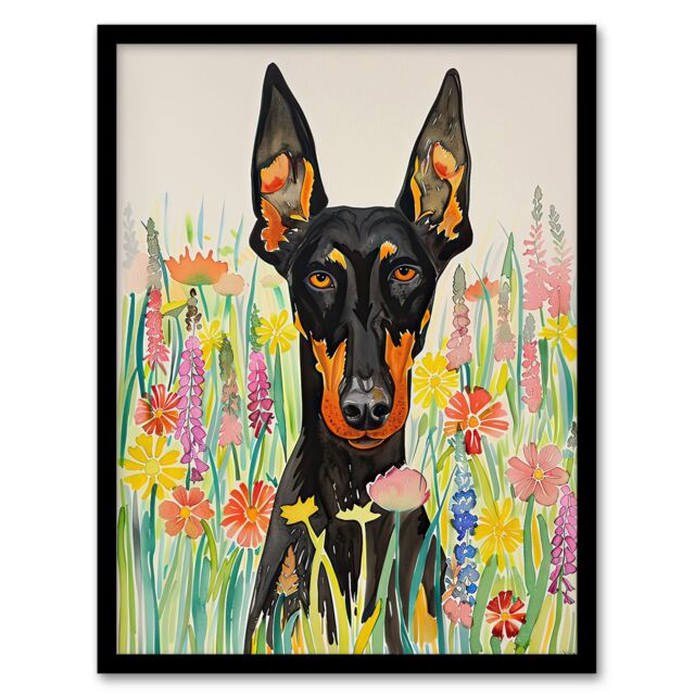 "Artery8 Doberman in Spring Meadow Vibrant Portrait Framed Wall Art - Size: W12"" x H16""" - image 1