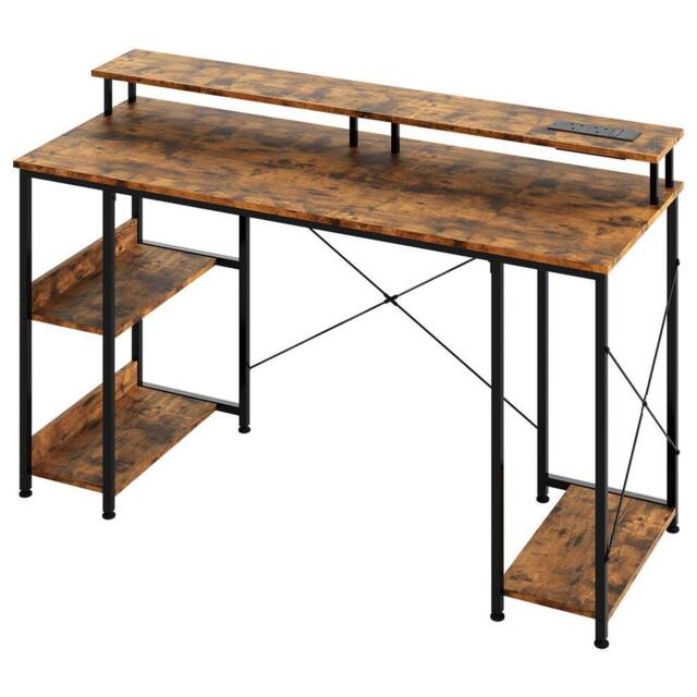 Levede Gaming Desk Computer Table with Monitor Shelf Power Outlets RGB Light in Brown