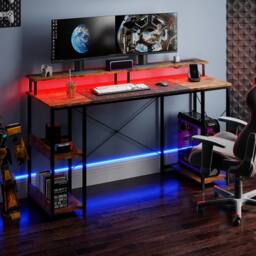 Levede Gaming Desk Computer Table with Monitor Shelf Power Outlets RGB Light in Brown - thumbnail 2