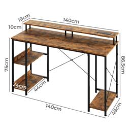 Levede Gaming Desk Computer Table with Monitor Shelf Power Outlets RGB Light in Brown - thumbnail 4