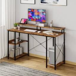 Levede Gaming Desk Computer Table with Monitor Shelf Power Outlets RGB Light in Brown - thumbnail 3