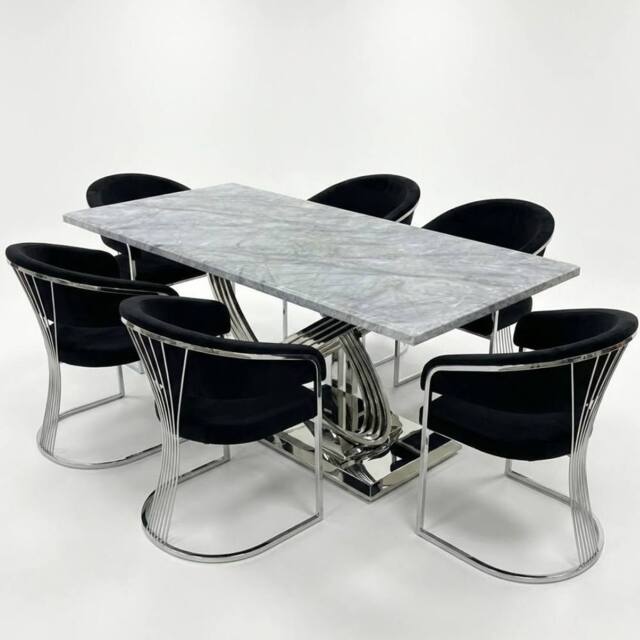 HOME LUXE INTERIOR Elina 180cm Grey Marble Dining Table & 6 Black Porado Chairs Set - Size: 180 cm - image 1