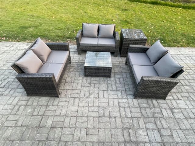 Fimous 6 Seater Rattan Wicker Garden Furniture Patio Conservatory Sofa Set with Square Coffee Table Double Seat Sofa Side Table in Dark Grey - image 1