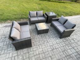 Fimous 6 Seater Rattan Wicker Garden Furniture Patio Conservatory Sofa Set with Square Coffee Table Double Seat Sofa Side Table in Dark Grey - thumbnail 2