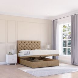 Sloomy Mayfair Naples Fabric Ottoman Bed End Opening With Sprung Memory Mattress & 26 Inch strut Headboard in Light Brown - Size: Single - thumbnail 1