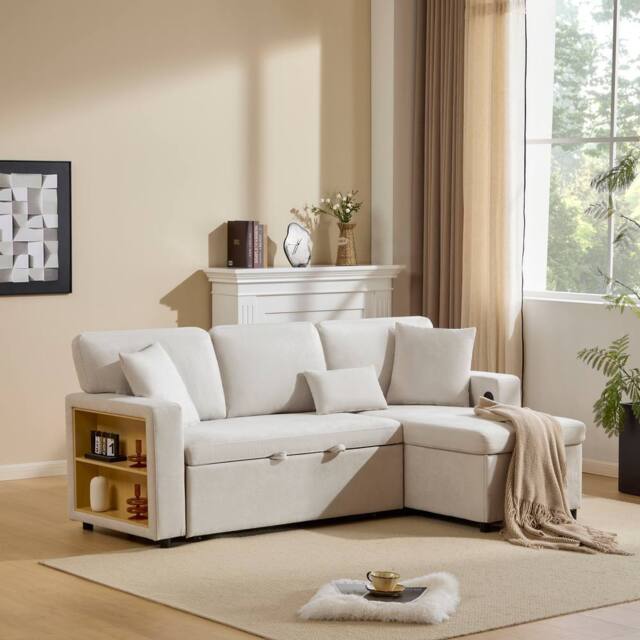 BTM Beige L-Shaped Corner Sofa Bed with Storage Shelf - Size: A - image 1
