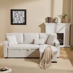 BTM Beige L-Shaped Corner Sofa Bed with Storage Shelf - Size: A - thumbnail 3