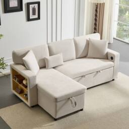 BTM Beige L-Shaped Corner Sofa Bed with Storage Shelf - Size: A - thumbnail 2